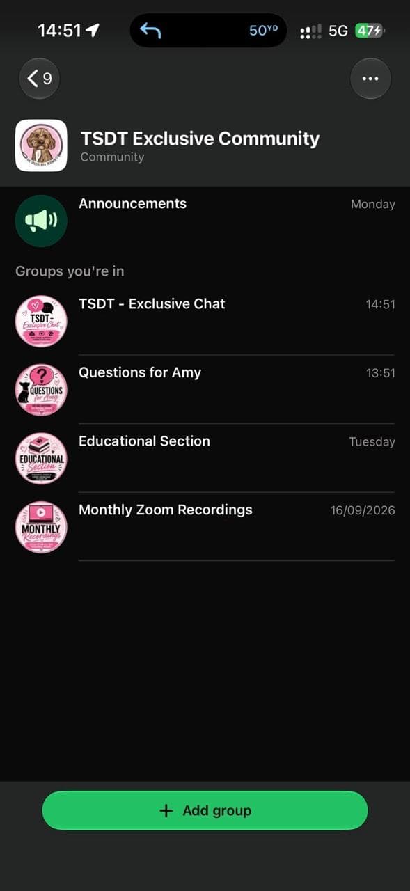 WhatsApp community group chats for The Social Dog Trainer